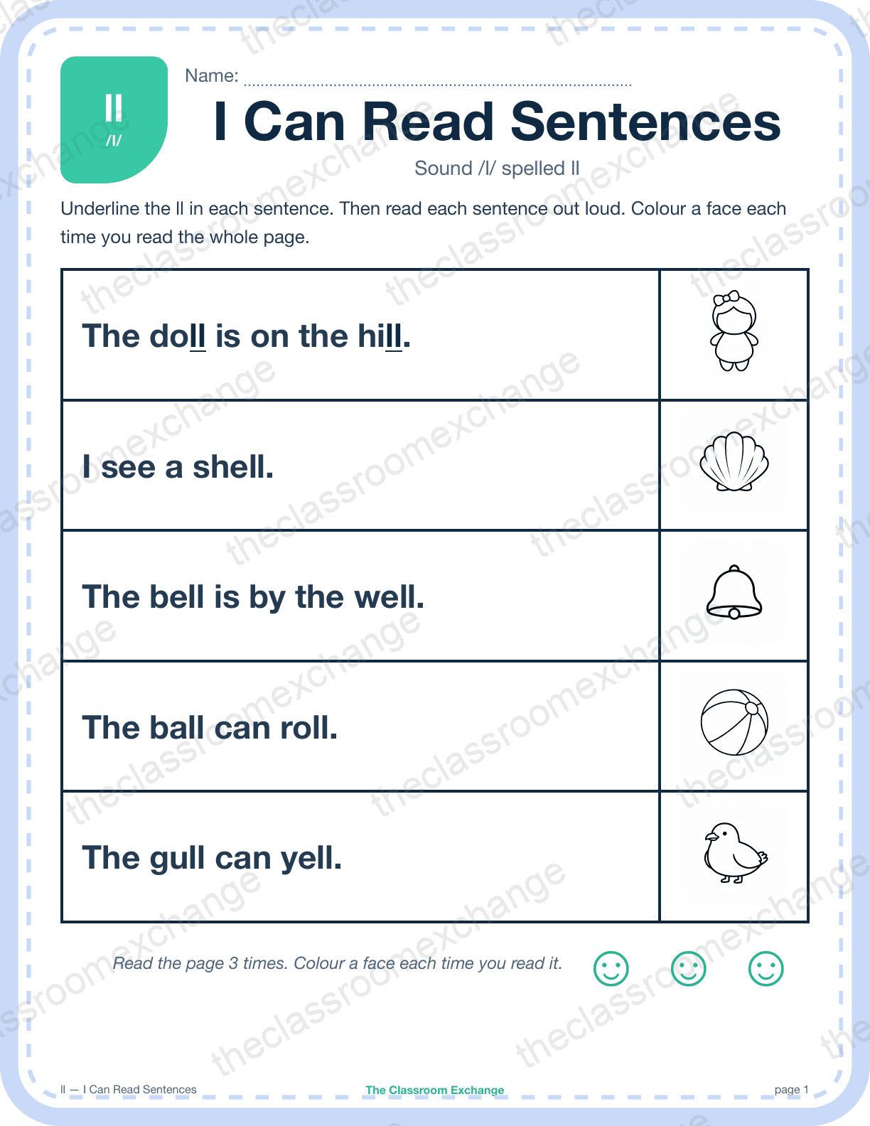 Grade 1 Phonics: ll (doll) — I Can Read Sentences