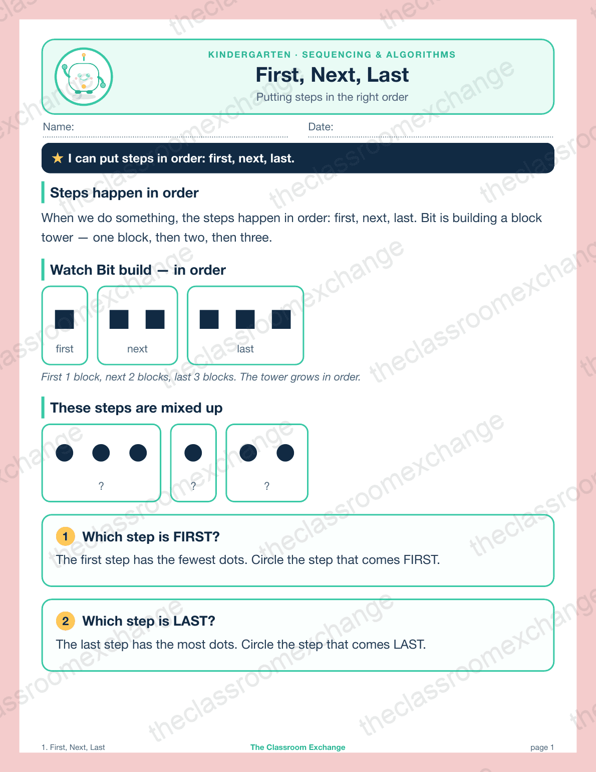 Kindergarten Coding: First, Next, Last