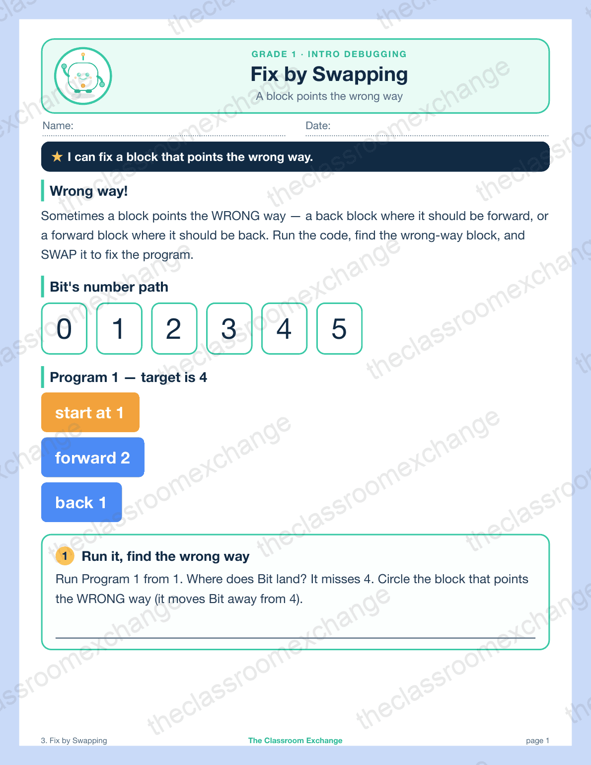 Grade 1 Coding: Fix by Swapping