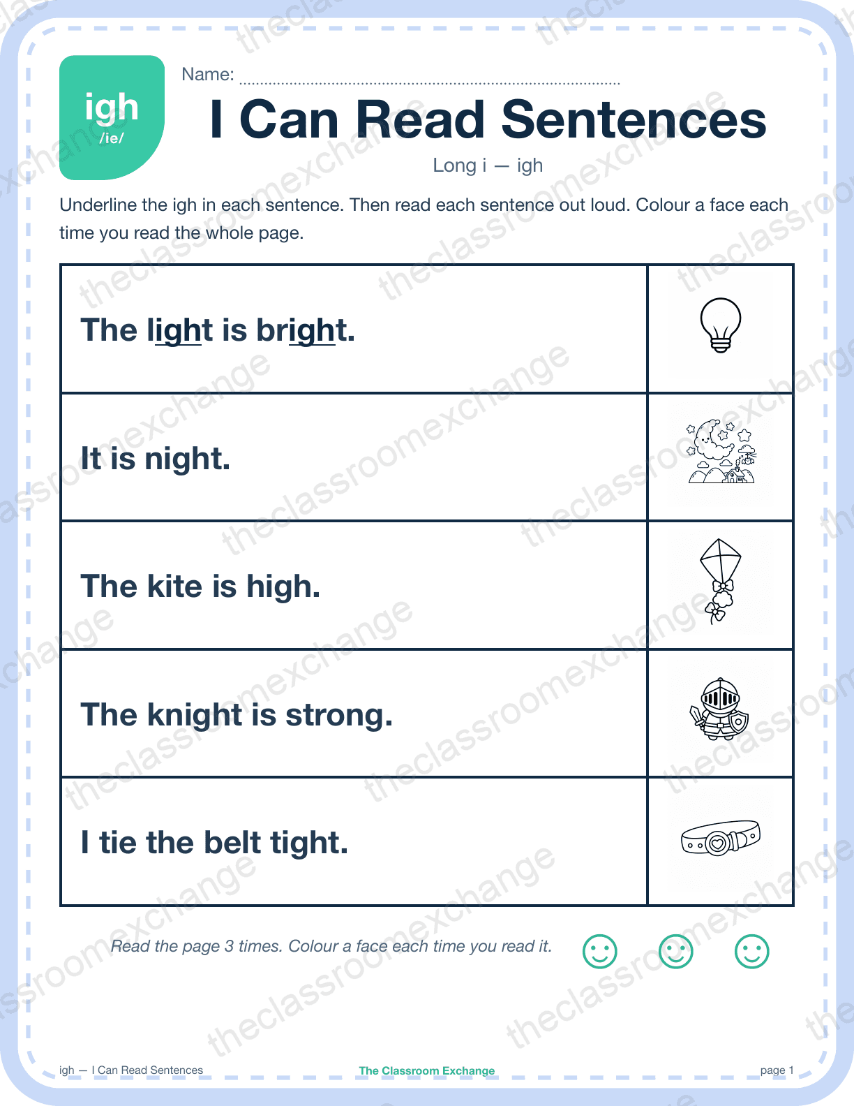 Grade 1 Phonics: igh (light) — I Can Read Sentences