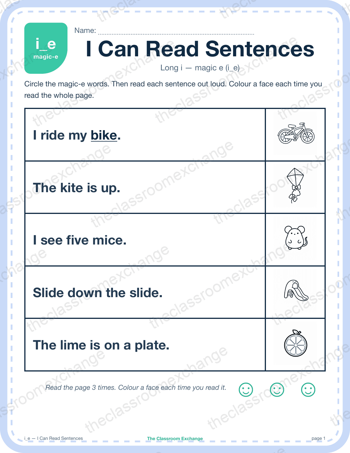 Grade 1 Phonics: i_e (ice) — I Can Read Sentences