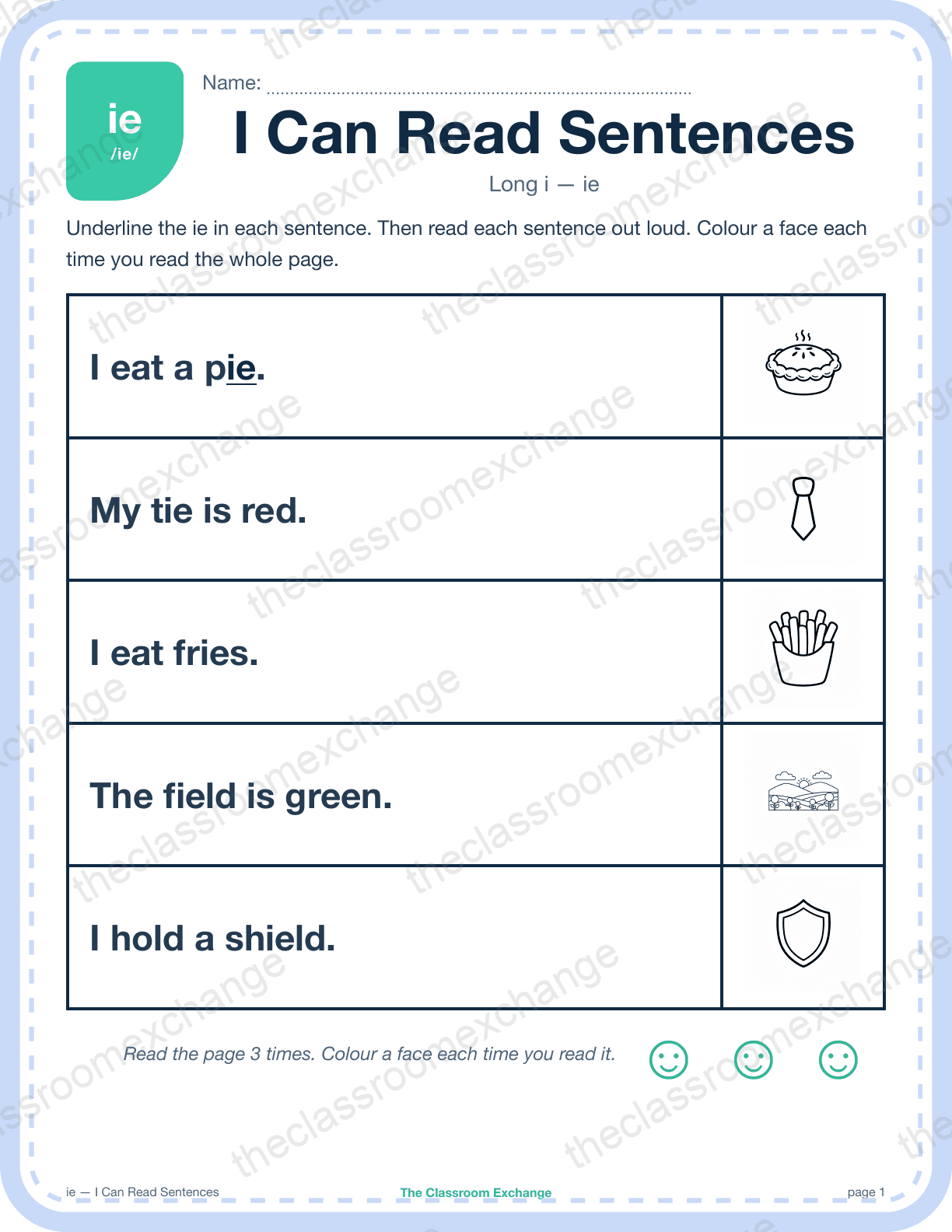 Grade 1 Phonics: ie (pie) — I Can Read Sentences
