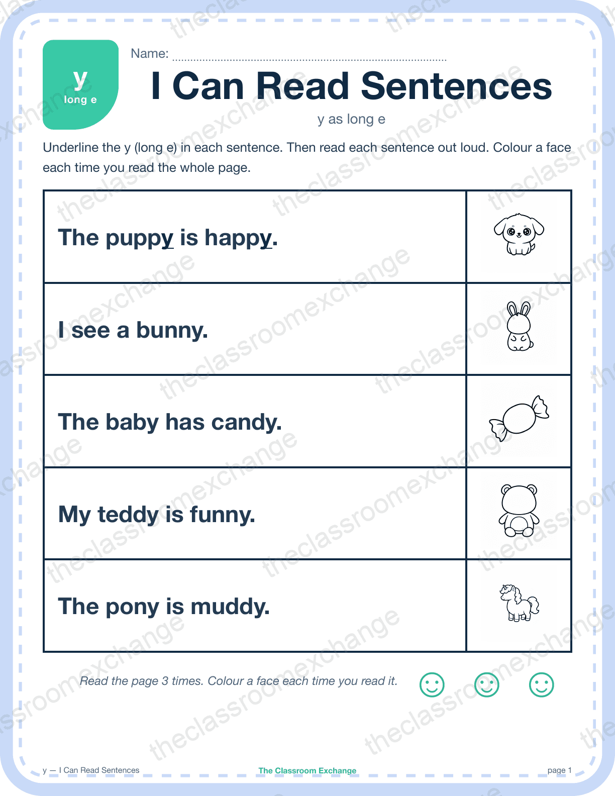 Grade 1 Phonics: y (candy) — I Can Read Sentences