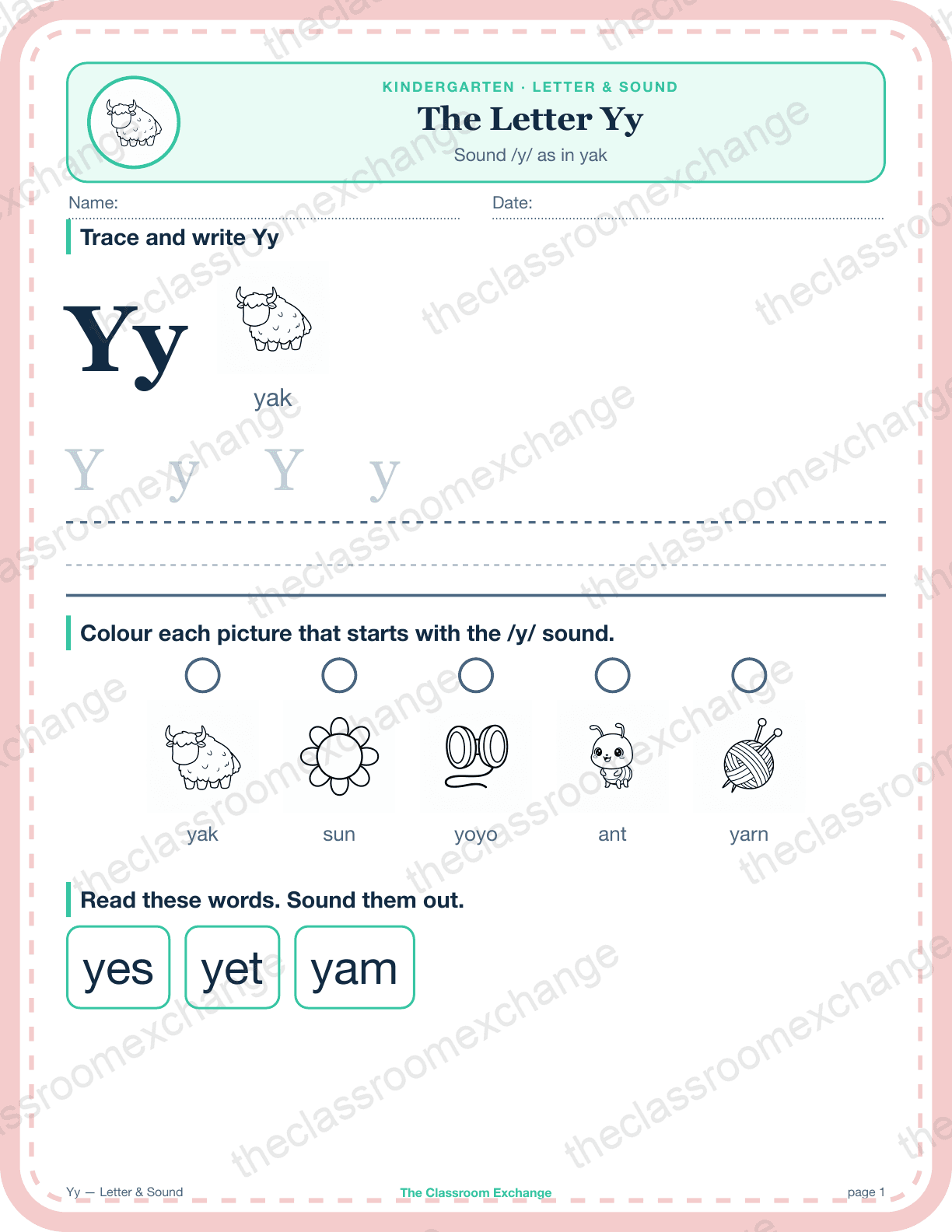 Kindergarten Phonics: The Letter Yy (yellow)