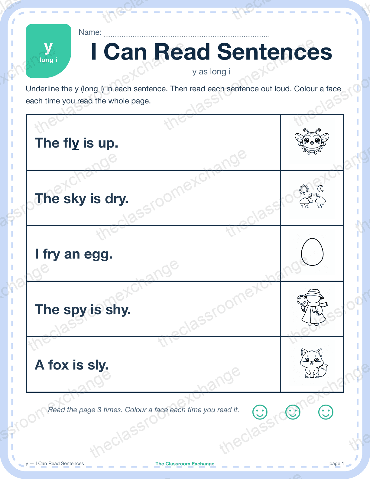 Grade 1 Phonics: y (fly) — I Can Read Sentences