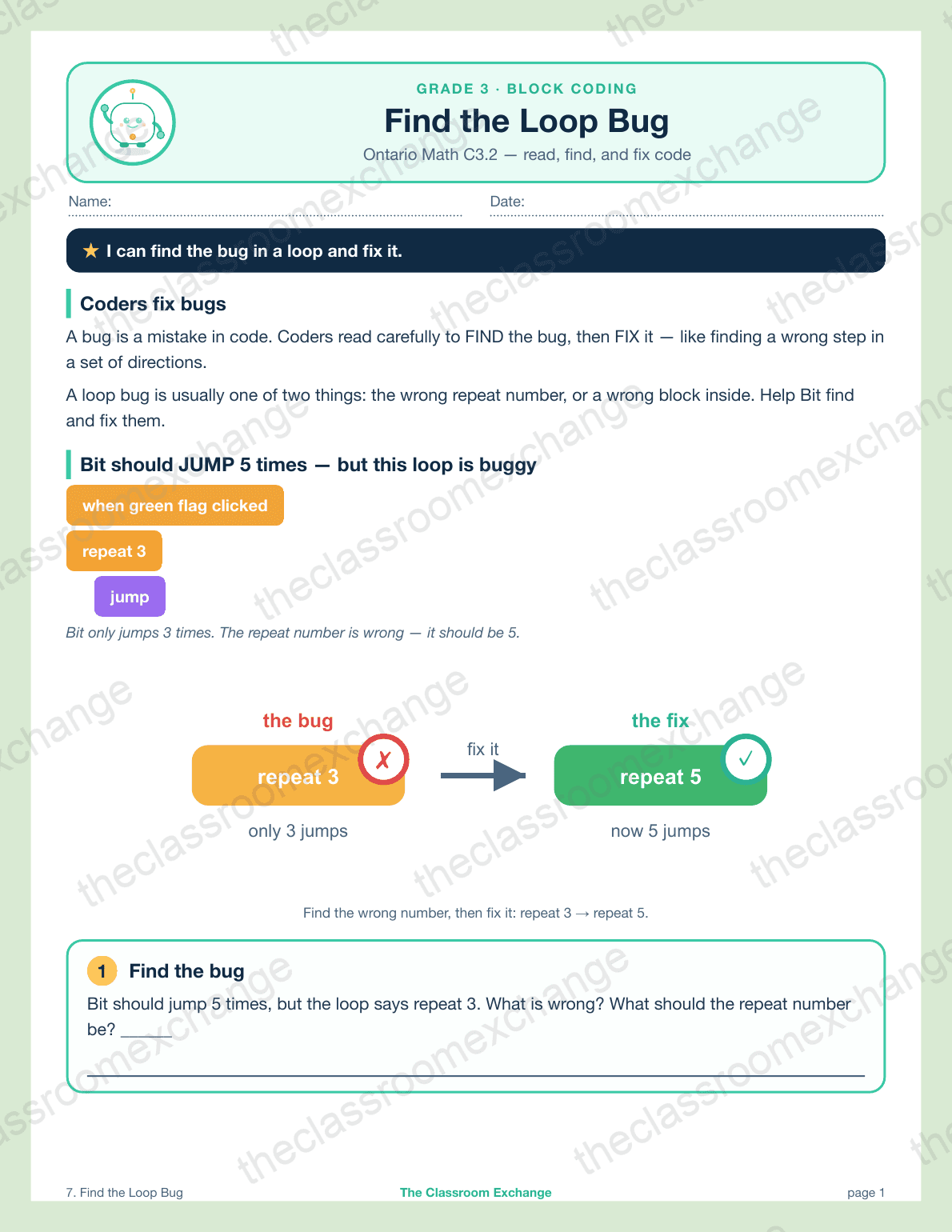 Grade 3 Coding: Find the Loop Bug