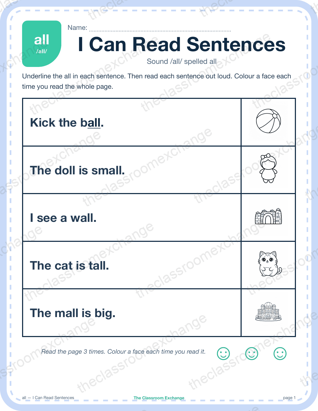 Grade 1 Phonics: all (wall) — I Can Read Sentences