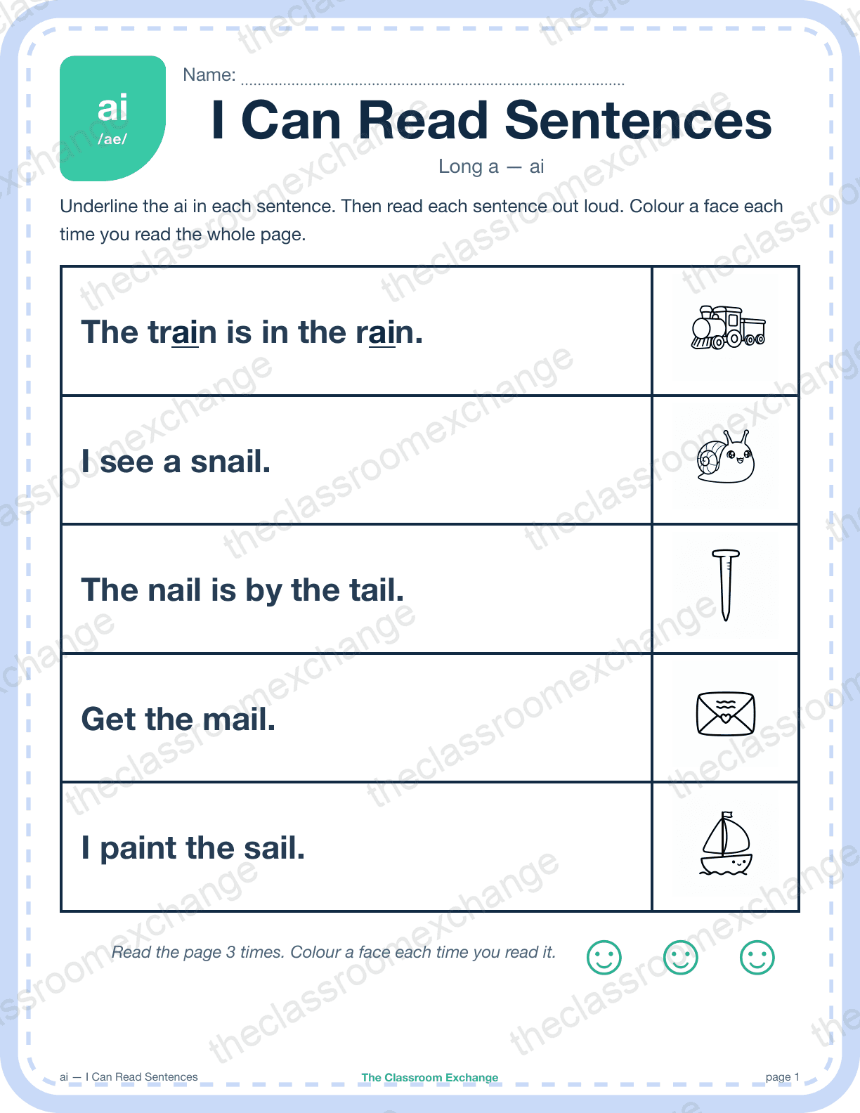 Grade 1 Phonics: ai (rain) — I Can Read Sentences