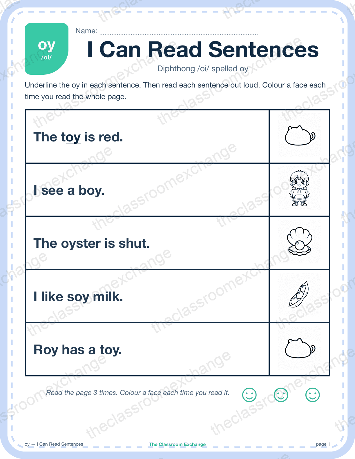 Grade 1 Phonics: oy (toy) — I Can Read Sentences